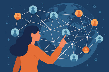 Global connection and social media network concept. Woman touching user icons on a world map background. Internet business, digital communication, and cyberspace technology vector.