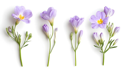 Aromatic violet freesia flowers isolated on white, set