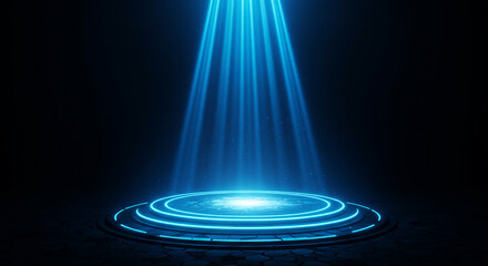 Futuristic blue light beam on circular platform
