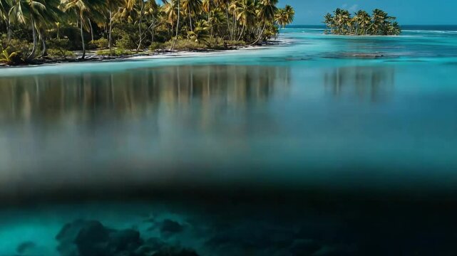 A mesmerizing split-level view of a tropical island paradise with vibrant blue waters and lush palm trees.