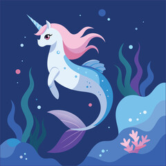 Magical unicorn mermaid hybrid swimming underwater fantasy ocean world, colorful mythical creature, whimsical sea life illustration vector art