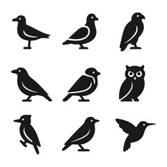 Naklejka premium Urban Bird Icons. Solid, filled icons set of urban bird species: seagull, pigeon, hawk, crow, sparrow, owl,