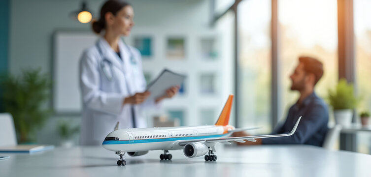 Airplane model on desk in medical office. Doctor discusses patient health. Healthcare, travel, medicine concept for clinic, hospital, insurance, global travel service. International flight, medical