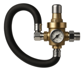 Flexible hose equipped with a pressure regulator for use in residential water booster systems in high-rise buildings.