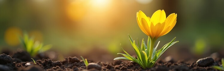 Fototapeta premium Spring greeting card, blossoming crocus flower, sunshine background. Nature flower awakens, springtime background. Concept of growth, awakening, revival, new beginnings. Perfect for celebration,