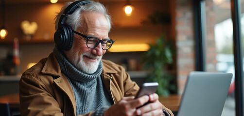 Senior man wearing headphones streams music from smartphone. Man listens podcast, reads news, manages online playlist subscription via laptop. Mature male enjoys leisure tech home life. Retirement,