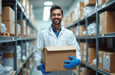Male doctor holding cardboard box in hospital storage room. Smiling professional healthcare worker in uniform with medical supply. Warehouse boxes background. Health care logistics. Medicine