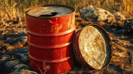 Obraz premium Weathered Red Barrel with Rust and Scorched Earth Background