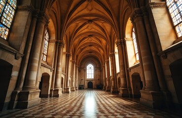 Inside Jerónimos Monastery, Lisbon. Architectural design, main hall. Ornate interior with soaring arches, stone columns, stained-glass windows. Famous travel destination, religious art, tourism,