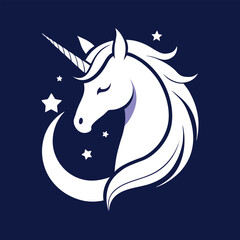 Minimal unicorn head silhouette with crescent moon and stars, line art vector, mystical magical fantasy, dreamy night sky illustration