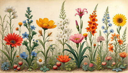 Botanical illustration featuring various colorful flowers and plants. Vintage artwork of garden flora shows detailed leaves stems and petals. Beautiful floral composition of various blooms for design.