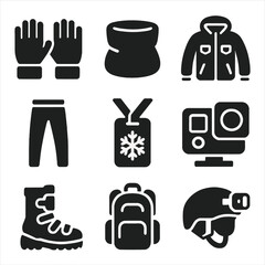Winter Sports Icons. Solid, filled icons set of winter sport accessories: insulated gloves, neck warmer, snow