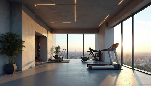 Minimalist home gym with floor-to-ceiling windows, cityscape view. Modern interior, natural light creates inviting atmosphere. Featuring fitness equipment treadmill, elliptical, rowing machine.