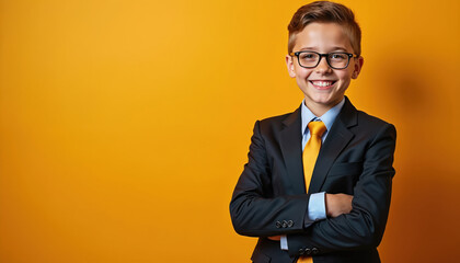 Young boy in businessman attire with a smile on plain orange background. Confident child wears suit eyeglasses looking at camera. Concept for business leadership education young generation.