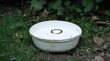 White Round Container on Ground Surrounded by Greens and Earth