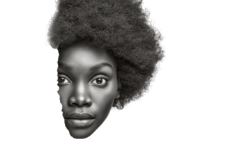 PNG Young african female with natural afro hair and intense gaze on black background