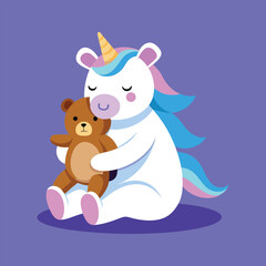 Cute Unicorn Hugging Teddy Bear Cartoon Vector Illustration in Flat Style for Kids Merchandise, Nursery Prints, and Baby Designs