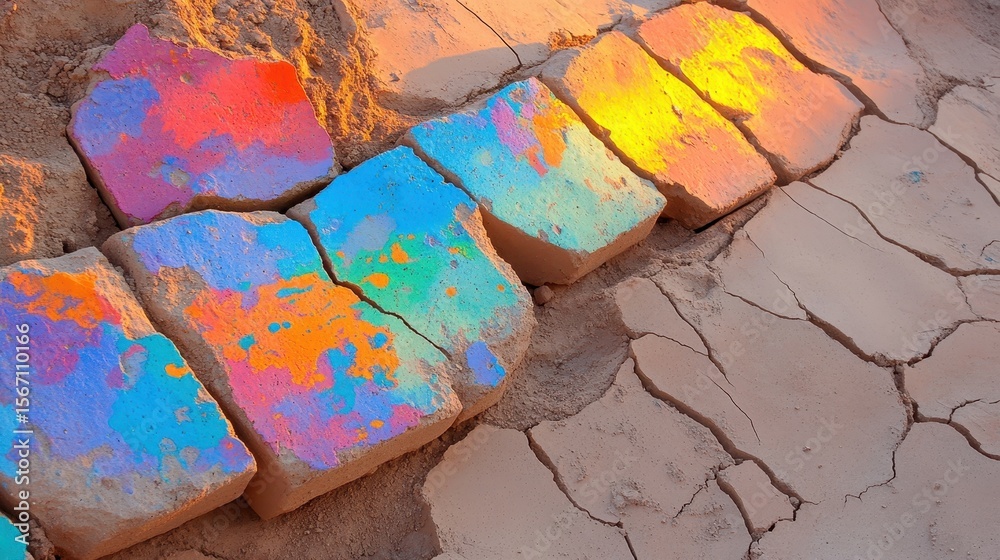 Wall mural colorful patterns on dry clay surface with cracks and splashes of light