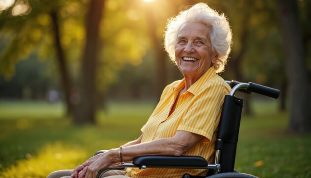 Joyful senior woman in a wheelchair smiles outdoors at sunny park. Happy elderly female with white hair enjoys retirement, living life. Positive outlook on aging and active lifestyle.
