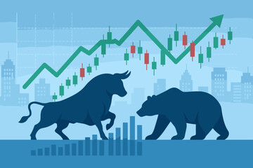 Bull vs Bear stock market concept. Financial investment and stock trading symbol. Economic uptrend graph with candlestick chart and growth arrow on a city background. Vector art.