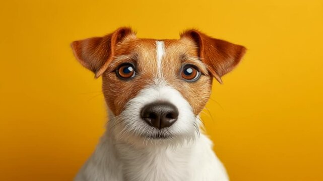 adorable perrito  russel terrier marron y blanco sobre fondo amarillo de estudio