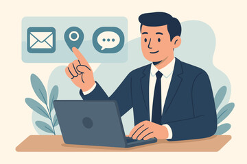Businessman Using Laptop Touching Virtual Contact Icons Email Address Live Chat Communication Support Hotline Customer Service Online Help Desk Digital Assistance Concept Office Workspace