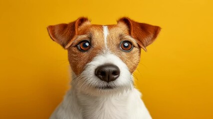 adorable perrito marron y blanco sobre fondo amarillo de estudio. Concepto adopción de animales