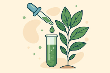 Biotechnology research concept with dropper adding herbal extract to test tube, plant based science, natural organic chemistry, laboratory analysis, modern flat vector illustration