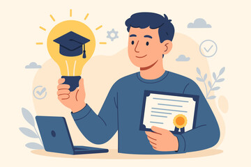 Fototapeta premium Online Education Graduation Certificate Concept. Man Holding Lightbulb with Graduation Cap Symbolizing E-Learning, Creative Thinking, Internet Course Degree, Digital Study, Knowledge Innovation
