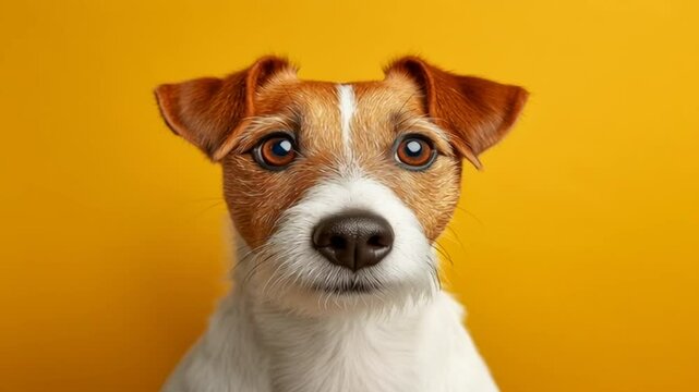 adorable perrito marron y blanco sobre fondo amarillo de estudio. Concepto adopci&oacute;n de animales