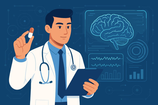 Futuristic doctor analyzing brain scan results with digital holographic interface, holding drug capsule, innovative medical technology, neurology healthcare, modern medicine concept - Powered by Adobe
