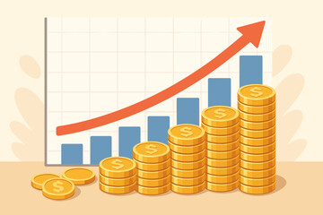 Financial growth concept with stacked gold coins, rising bar chart, upward arrow. Investment profit, business success, income increase, wealth accumulation, economic progress, money management vector