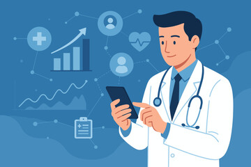 Medical Doctor Using Smartphone with Digital Healthcare Data Analytics, Growth Graphs, Social Network Connections, Modern Telemedicine, Medical Investment, Technology Innovation Concept