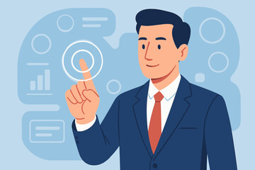 Businessman in Suit Interacting with Futuristic Digital Touch Screen Interface, Data Visualization, Technology Innovation, Corporate Management, Modern Flat Vector Illustration
