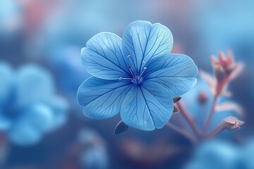 Vibrant blue flower blooms gracefully in a soft-focus garden setting during the early morning hours