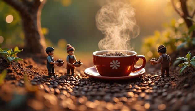 Miniature artisans harvest coffee beans in surreal landscape, steam rises from warm cup. Tiny men working, detailed craft, fantasy scene. Cozy atmosphere, coffee beans harvest, artisan dream.