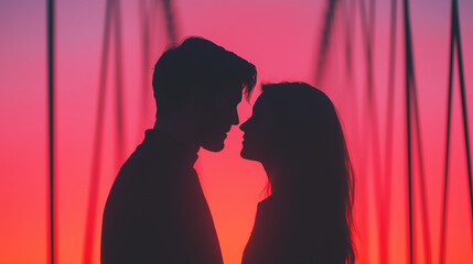 Silhouette of couple facing each other at pink sunset. Romantic connection and timeless intimacy