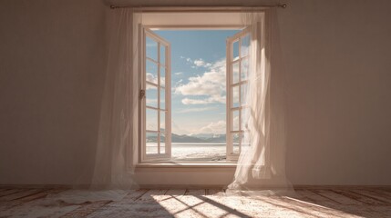 Indoor scene showing an open plastic-framed window