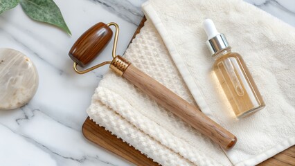 Holistic Beauty Tools with Wooden Massage Wand and Glass Serum Vial Resting on Soft Cloth over Marble Slab