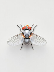 Close-up of housefly on white background. Macro detail of insect anatomy and transparent wings