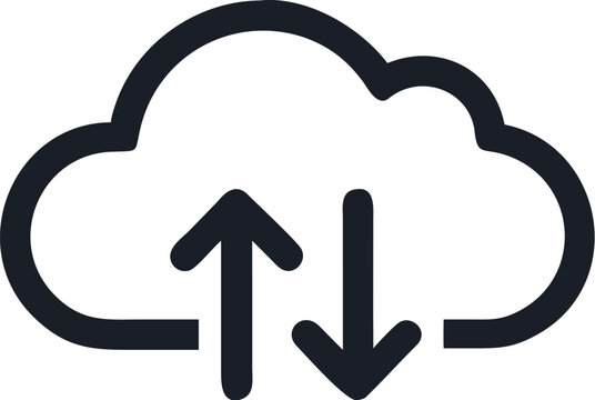 A single isolated flat vector-style icon of a cloud with an upward and downward arrow, symbolizing cloud storage or file syncing