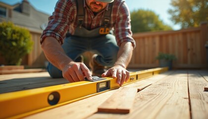 Carpenter builds wooden deck backyard. Man uses level tool to align wood board. Construction worker doing outdoor home improvement, woodworking project. Craftsmanship, DIY home decor content.