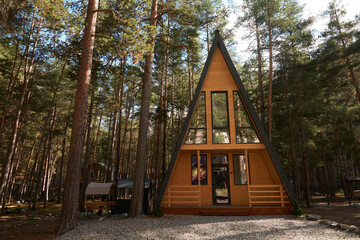 Triangular shaped chalet in a secluded location surrounded by mountain pines.