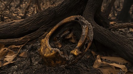 Rusty Object Among Ashes in Charred Forest After Wildfire Disaster