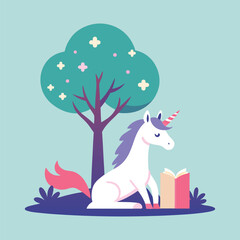 Minimal flat design of a cute unicorn reading a book under a tree, peaceful fantasy illustration for children’s content. © Pankaj2025