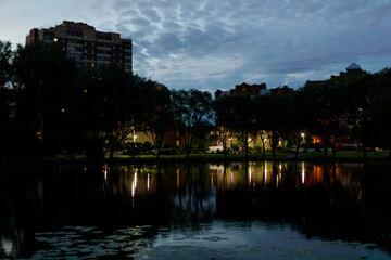 Frunzensky District, Saint Petersburg: Evening scene with illuminated residential buildings and...