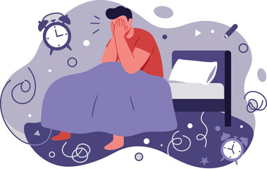 Stressed man sitting on bed overwhelmed by insomnia and anxiety in bedroom illustration 