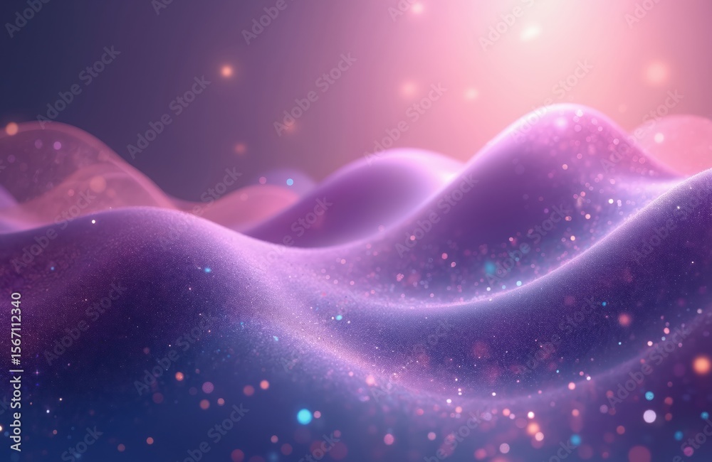 Wall mural abstract 3d render features dynamic waves with futuristic glowing effect. purple metallic chrome wav