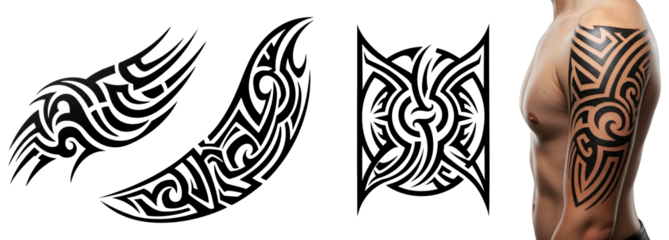 Tribal tattoo designs displayed on arm and isolated on transparent background  