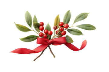 PNG Festive red ribbon with holly leaves and berries on black background
